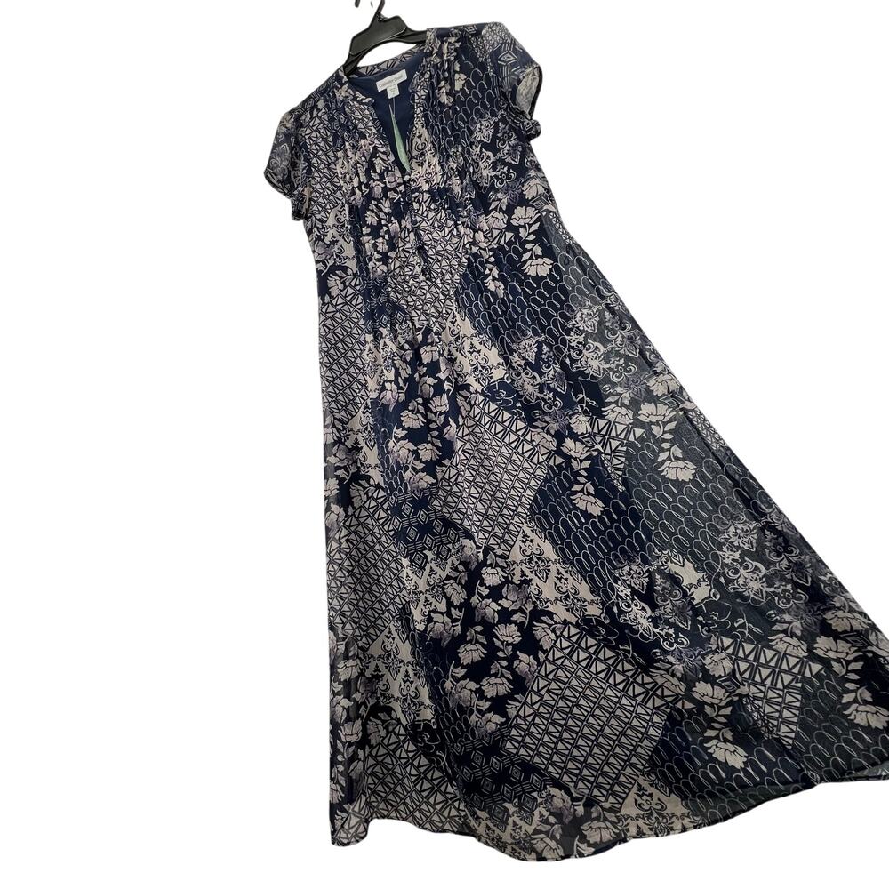 Coldwater Creek Floral Midi Dress 8 Navy Blue Pintuck Pleats Buttons Lined NWT